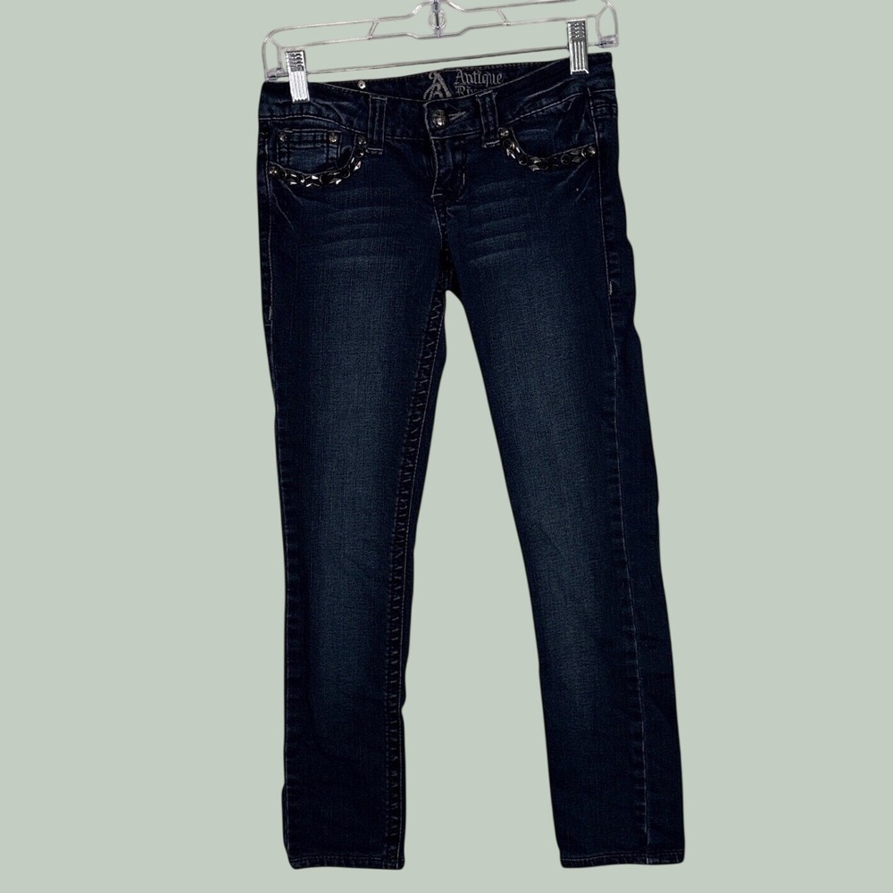 Antique Rivet Skinny Jeans Dark Wash Studded Rhinestone Rocker Denim Size 25